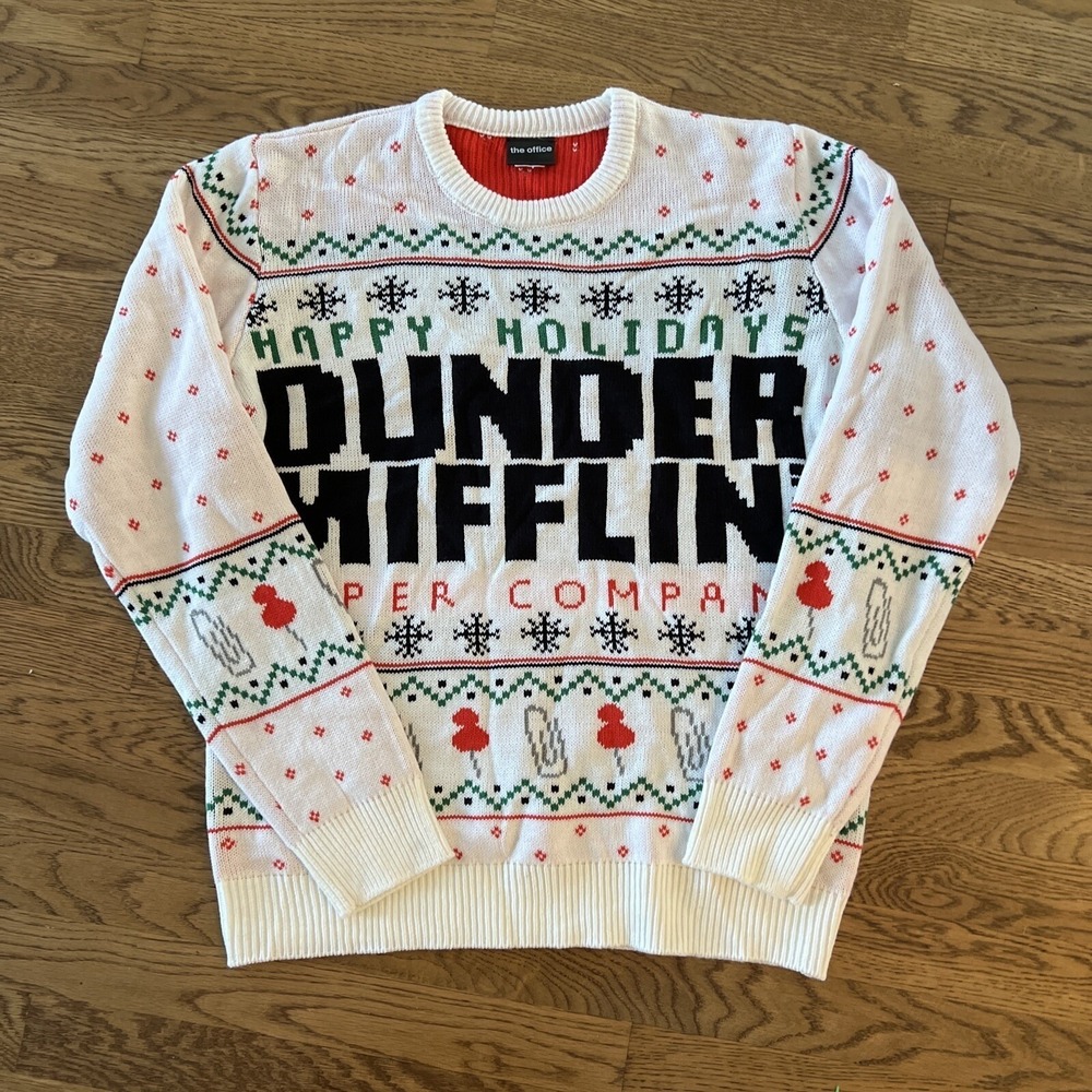 The Office Dunder Mifflin Ugly Christmas Sweater Mens Large White Holiday Knit